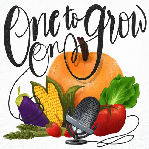The words One To Grow On with fruits and vegetables and a microphone